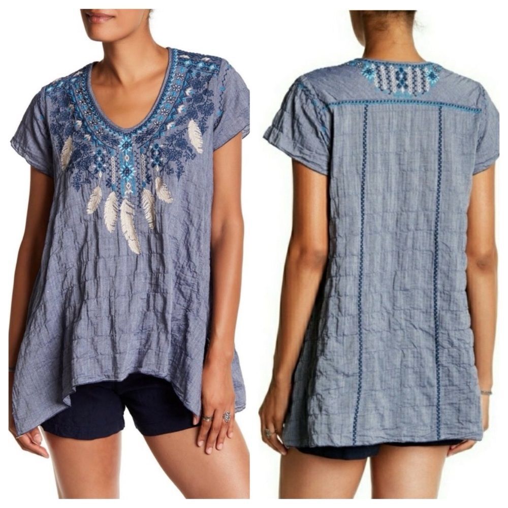 Johnny Was 3J Workshop Mya Drape Embroidered Feather Tunic Top Blouse size XS